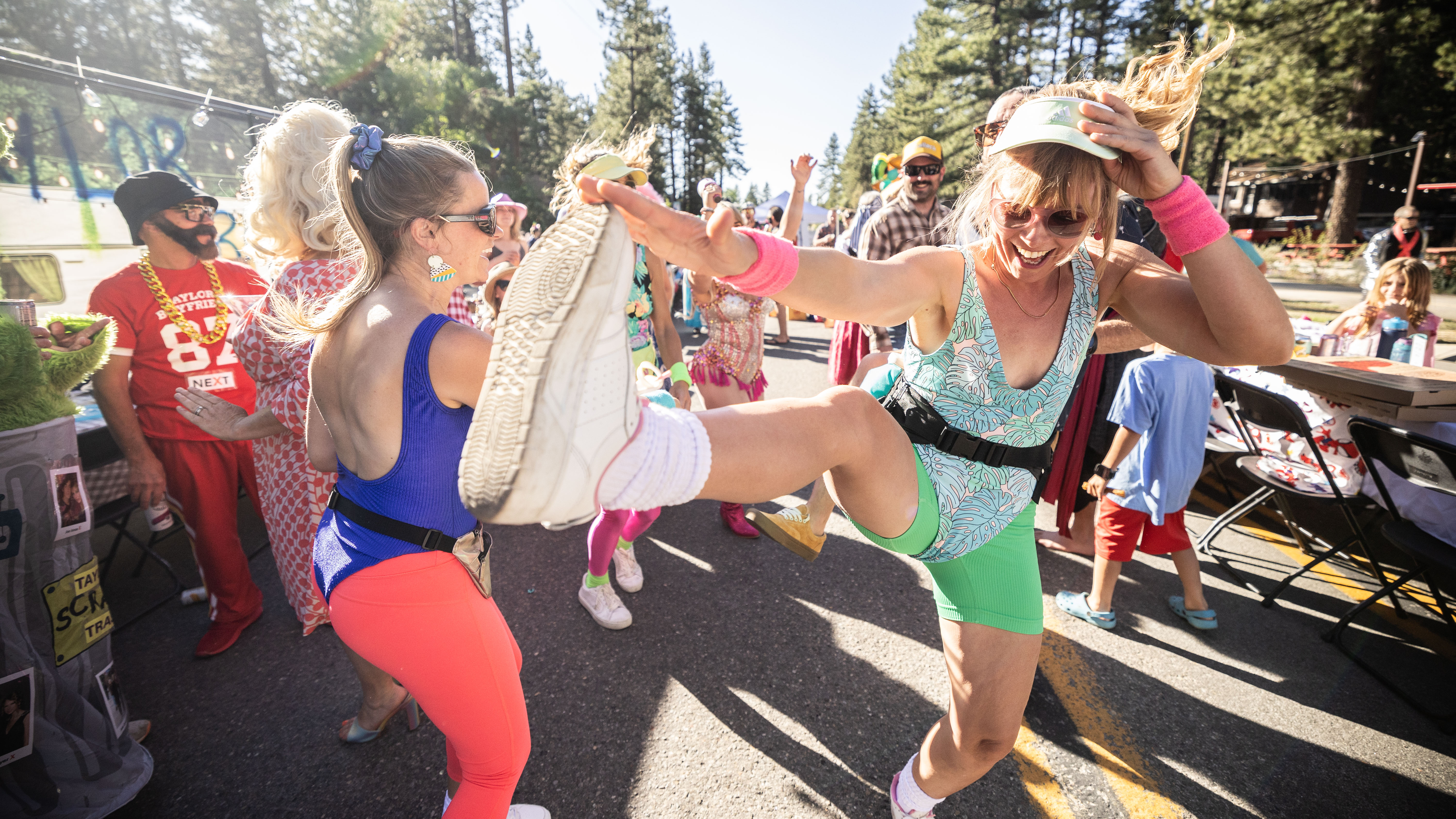80s aerobics themed dancers entertaining the crowd