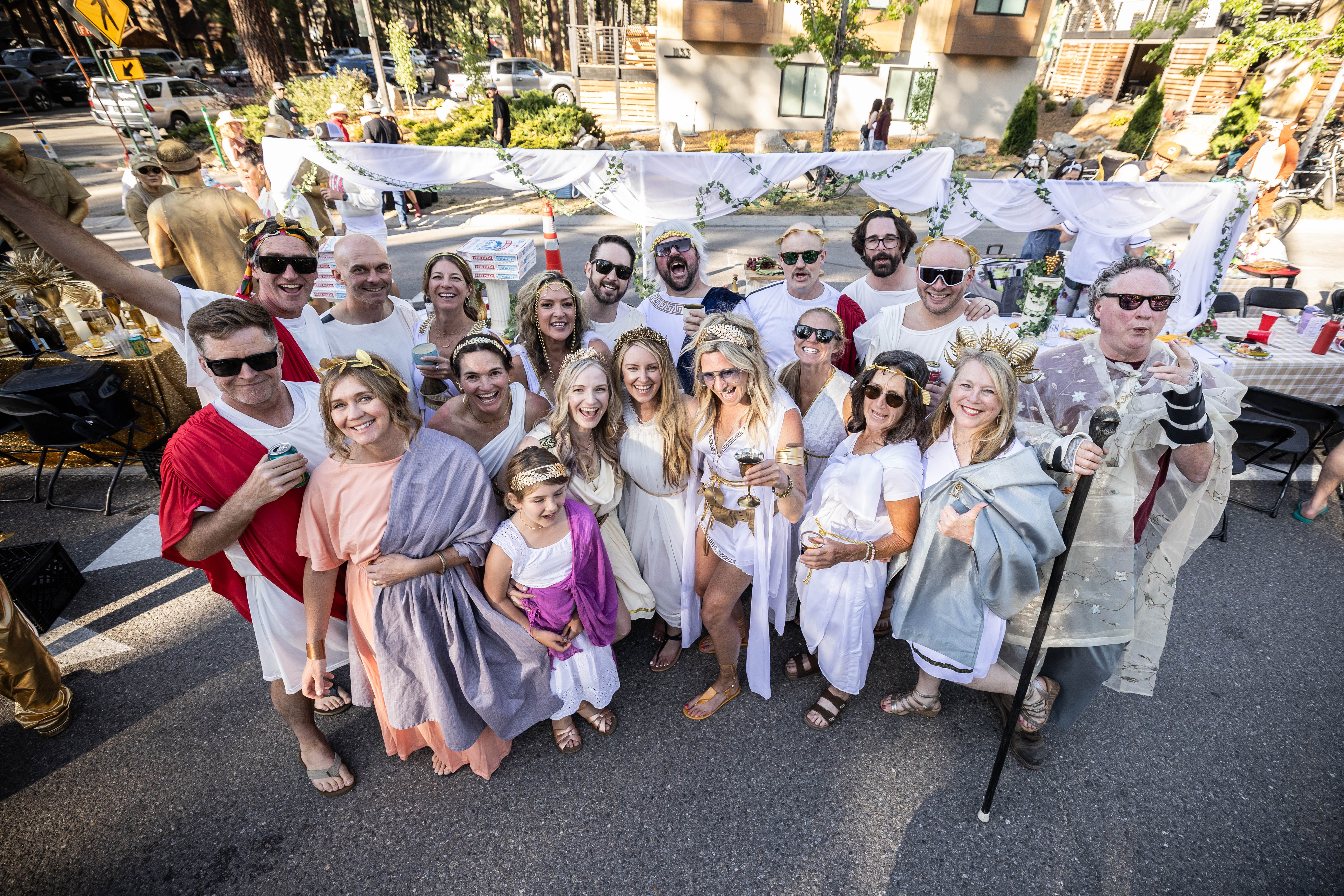 Toga-themed group gathering at their table